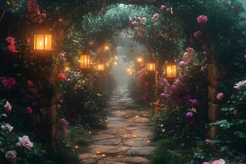 magical pathway, glowing evening  garden path with lanterns and floral archway