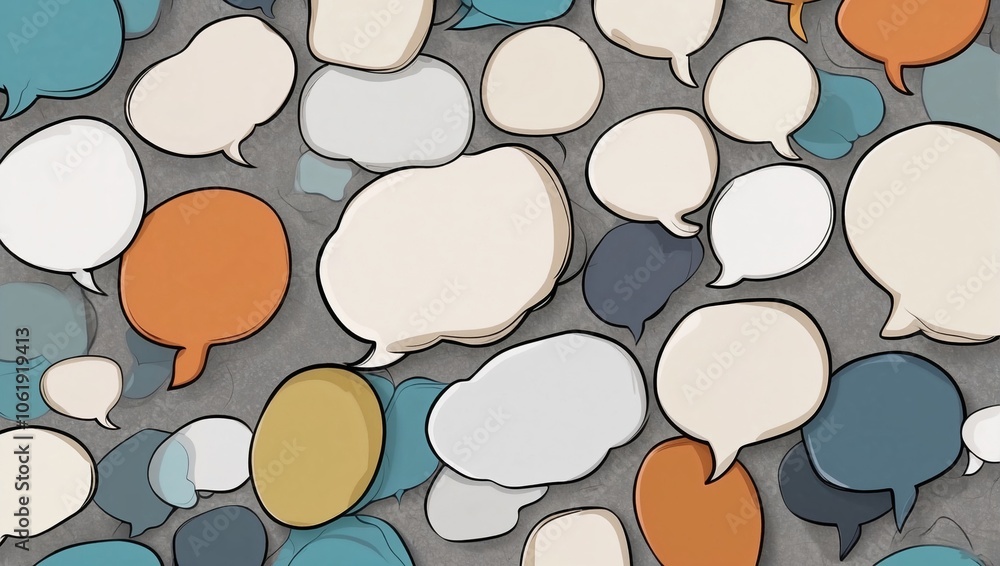 Poster colorful speech bubbles on gray background: communication and expression concepts