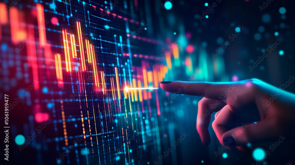 Aufkleber Businesswoman is touching a digital screen displaying colorful financial data visualizations
