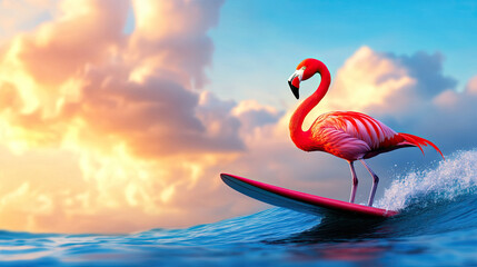 Fototapeta premium Flamingo surfing on a colorful wave during a vibrant sunset.