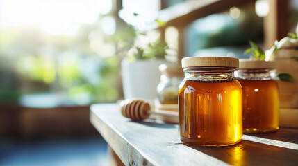 Jars of honey with spoon on a kitchen countertop