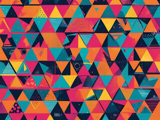 A vibrant geometric pattern made up of colorful triangles and circles, arranged in a dynamic layout that conveys energy and creativity, ideal for a youthful brand or product.