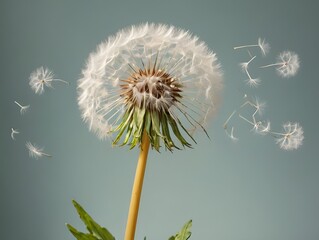 a close-up of a dandelion with its fluffy white seeds. Some of the seeds are still attached to the flower, while others are being blown away, floating in the air
