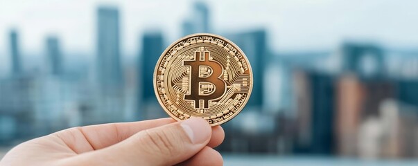 Hand holding a Bitcoin in front of watercolor city skyline, representing urban growth and cryptocurrency integration, Bitcoin cityscape, crypto finance, urban economy