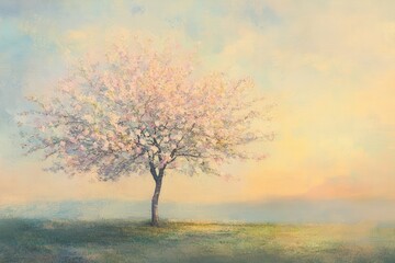 Vibrant cherry blossom tree in a serene landscape