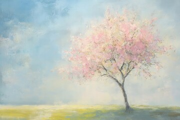 Vibrant pink cherry blossom tree in a serene landscape