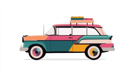 A colorful retro car with stacked luggage atop, depicted in a flat design style, symbolizing travel and adventure.