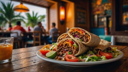 Delicious mexican burrito with fresh vegetables in a cozy restaurant setting