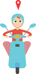 delivery man on a scooter goes on a trip, deliver a parcel, geolocation, happy character