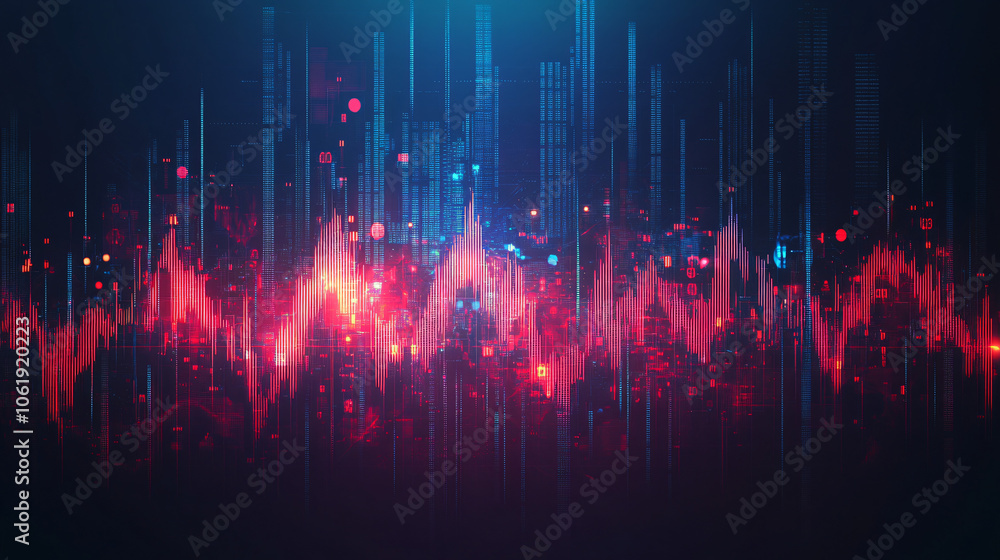 Leinwandbilder Abstract technology background with glowing lines forming a cityscape and showing dynamic growth