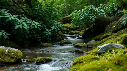 Crystal clear water flowing through a rocky stream in a lush forest setting, foliage, nature