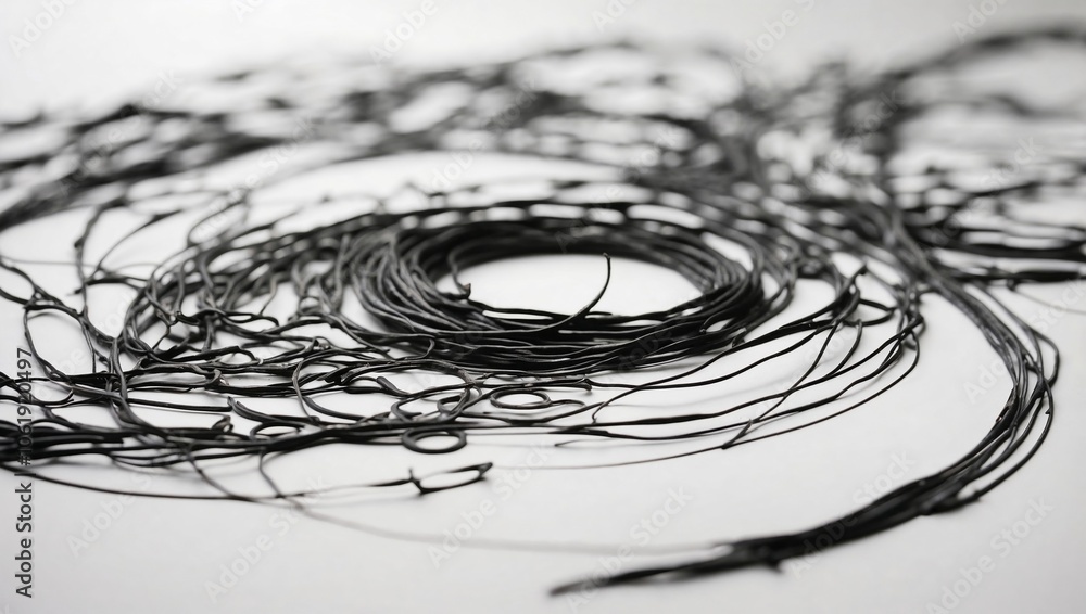 Poster Abstract black ink swirl on white background with intricate patterns and textured lines