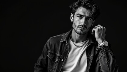 Obraz premium Thoughtful Portrait of Man in Denim Jacket and T-Shirt