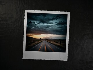 Moody desert road at sunset captured in vintage polaroid style