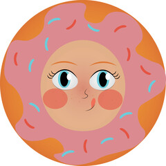 child face in donut, sweet cartoon character, smile and happy character