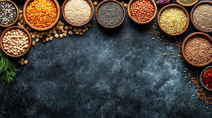 Assorted spices and grains in wooden bowls with a textured dark background, showcasing culinary ingredients.