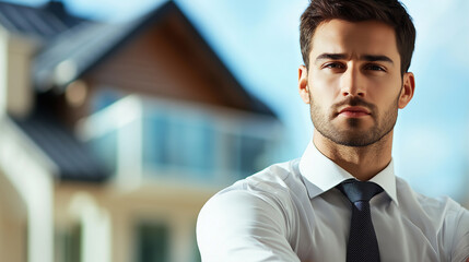Obraz premium Real estate agent outside house 