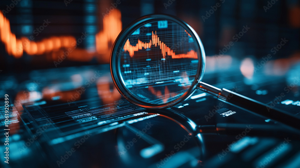 Poster magnifying glass reveals a financial chart declining on a computer screen with a blue and orange tin