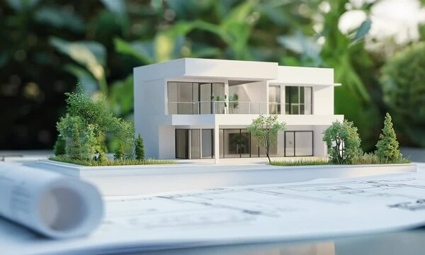 Video of a  Camera moving around miniature house with blueprints