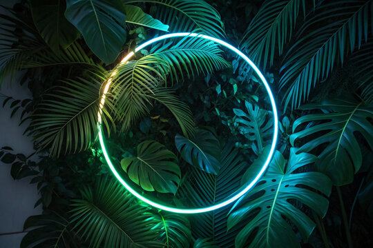 urban jungle illuminated: A circular neon installation highlights verdant leaves.
Electric greenery: The cool blue-green hue of neon encircles warm plant life.