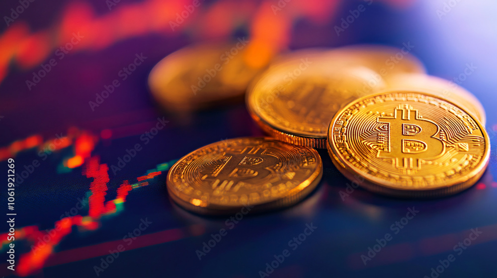 Aufkleber bitcoin coins resting on a computer screen with charts, indicating potential for cryptocurrency trad