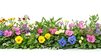 Obraz premium Isolated flower garden with mixed blooms and green leaves on a clean white background