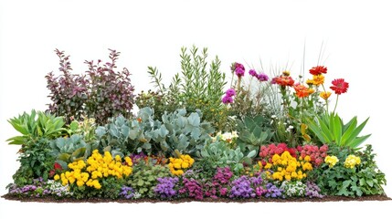 Fototapeta premium Isolated flower garden with mixed colors and green foliage on a white background