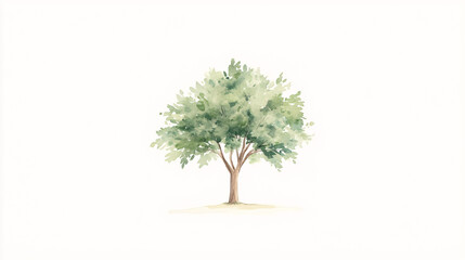 A delicate watercolor illustration of a solitary tree, featuring lush green foliage painted with light, flowing brushstrokes. The tree is centered on a pure white background