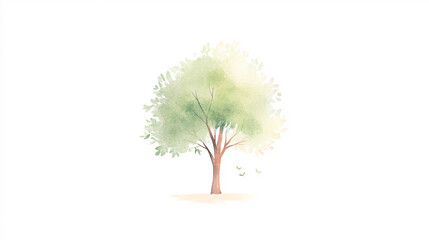 A delicate watercolor illustration of a solitary tree, featuring lush green foliage painted with light, flowing brushstrokes. The tree is centered on a pure white background, with a well-defined