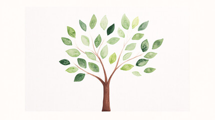 Obraz premium A refined watercolor painting of a single tree with vibrant green leaves, displayed on a white background. The tree branches radiate outward naturally, with a textured brown trunk that adds warmth.