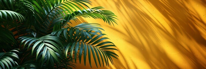 Bright yellow painted wall framed with green tropical palm leaves, sunlight with shadows patterns, summer background.
