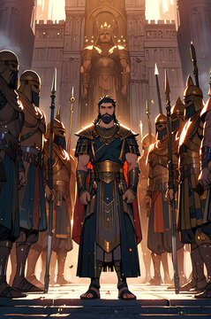 The Akkadian king Sargon, depicted in regal attire, standing tall with his army in a Mesopotamian city, symbolizing strength and leadership.