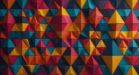 Naklejka premium A vibrant geometric pattern made up of colorful triangles and circles, arranged in a dynamic layout that conveys energy and creativity, ideal for a youthful brand or product.