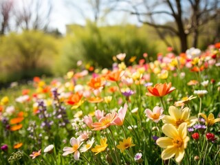 Fresh green grass with colorful blooming flowers under the bright sun, spring, landscape