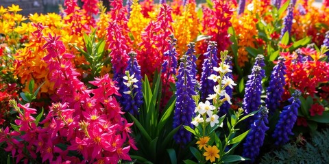 Fresh green leaves and colorful flowers blooming in a sunny garden, vibrant, renewal