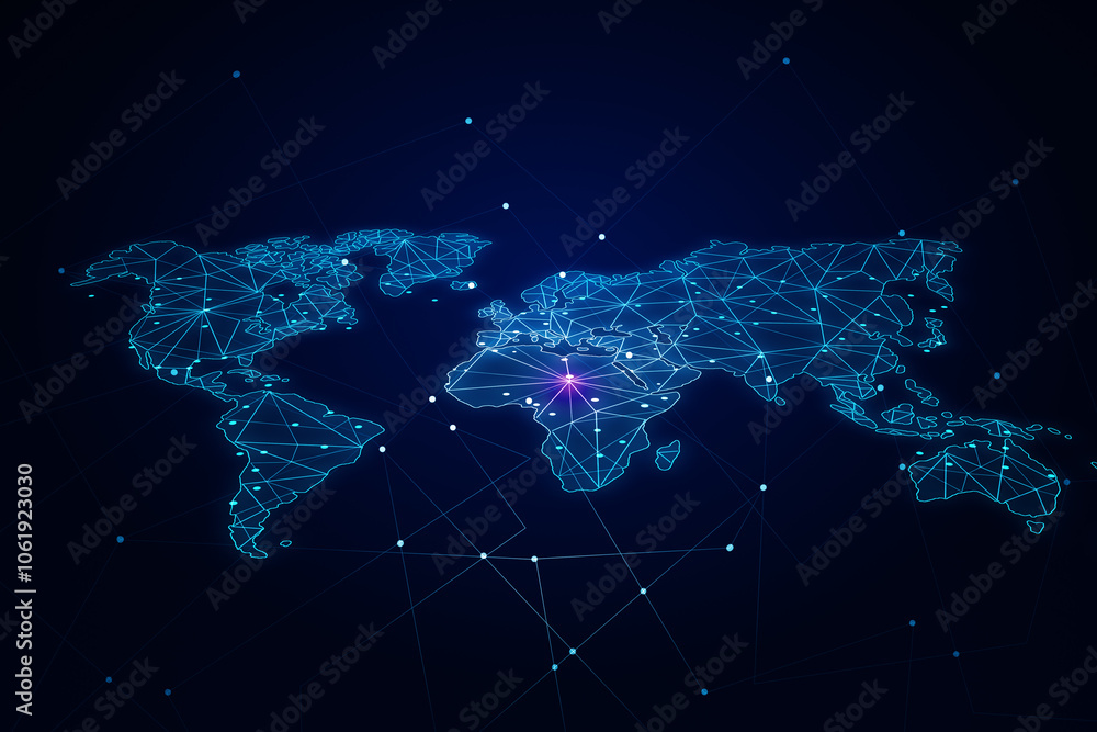 Poster Global data exchange concept with bright glowing dots connected by lines on digital graphic world map on abstract dark technological background. 3D rendering