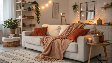 interior of a room sofa setting Serenity indoors: A plush sofa, soft throw, and the tranquil sight of autumn foliage.
Chic interior design harmonizing with the seasonal beauty outside the window.