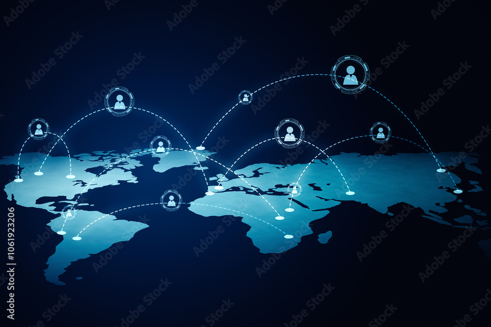 Poster Remote work and social network concept with digital graphic user symbols connected by dotted lines hovering over world map on dark background. 3D rendering