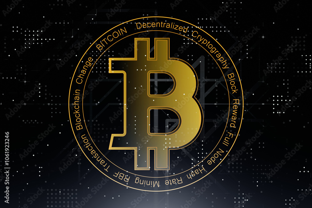 Poster digital money and crypto currency concept with golden bitcoin icon on dark technological background.