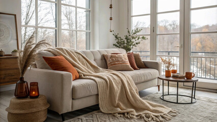 interior of a room sofa setting Serenity indoors: A plush sofa, soft throw, and the tranquil sight of autumn foliage.
Chic interior design harmonizing with the seasonal beauty outside the window.