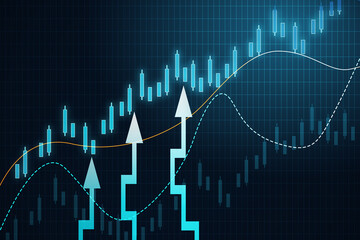 Stock market growth and successful trading concept with digital bright raising up arrows and candlestick on lattice dark blue background. 3D rendering