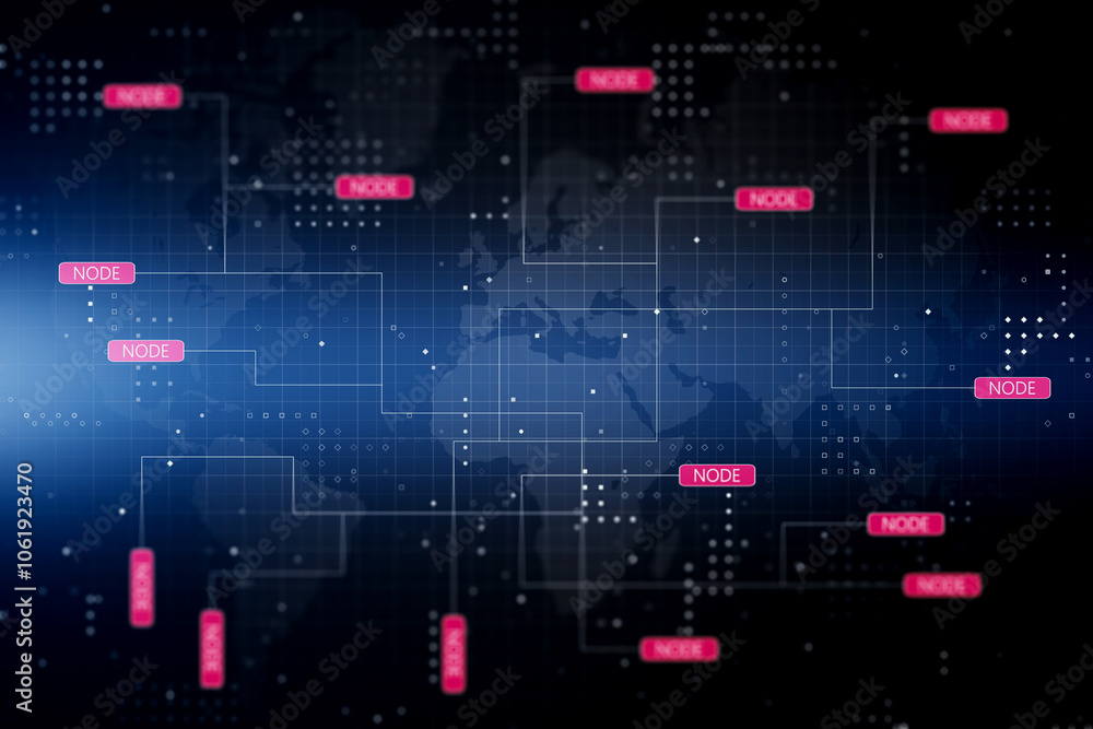 Poster Node system software illustration concept with pink node buttons on dark technological interface background with world map contour and glowing light spots. 3D rendering