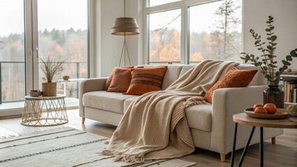 Modern sofa set cozy autumn-inspired living room with warm tones and a scenic view. Modern home decor meets nature&rsquo;s fall palette in this inviting living space.
