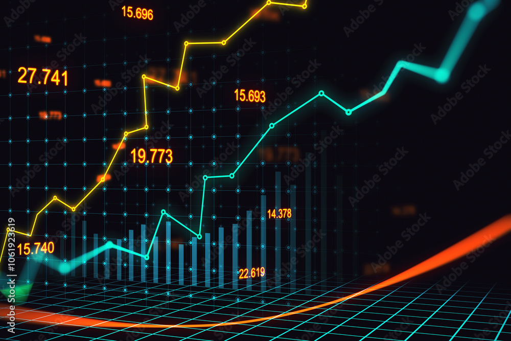 Poster economy and stock market growth concept with digital yellow and blue rising up financial graphs with