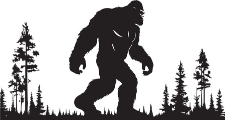 Fototapeta premium Giant Bigfoot Silhouette Strolling Through a Dense Forest – Mythical Creature Artwork.