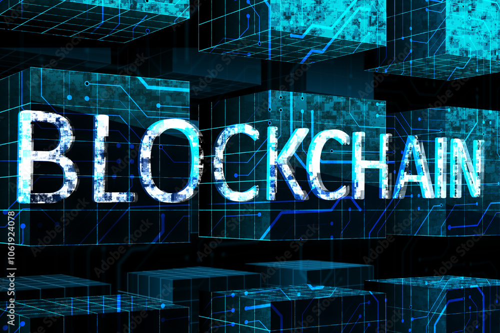 Aufkleber Cryptocurrency, digital business and blockchain concept with sign huge digital cubes with circuit background. 3D rendering