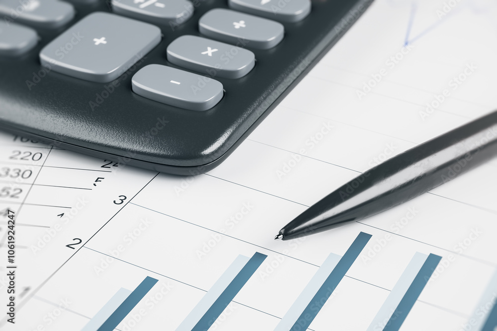 Poster financial accounting and audit concept with calculator and pen on printed report. 3d rendering