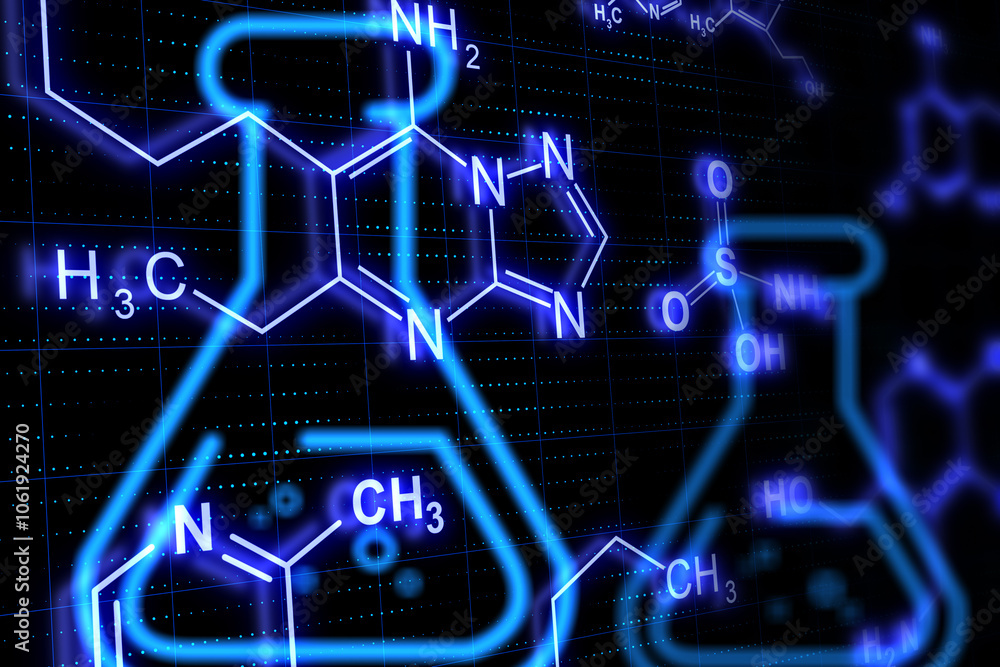 Poster Education and research concept with digital chemical formulas and flasks on dark background. 3D rendering