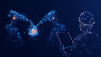 Digital AI Technology Concept. An abstract illustration of a robot arm working in a factory, symbolizing industrial automation, AI, and the future of manufacturing. Generative AI Content