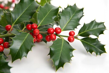 Close-up of holly leaves with red berries on a white background